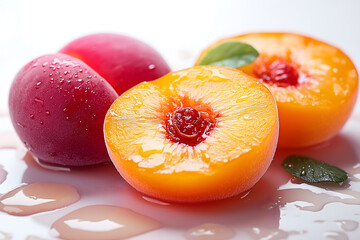 Sliced peach and apricot with dripping juice, white background, high-key style