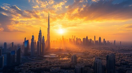 Naklejka premium Dubai sunset panoramic view of downtown covered with clouds. Dubai is super modern city of UAE, cosmopolitan megalopolis. Very high resolution image