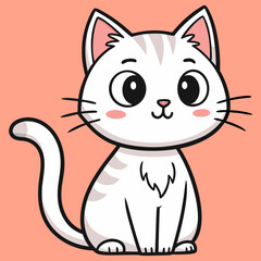 Cute Cartoon White Cat with Light Gray Stripes Sitting