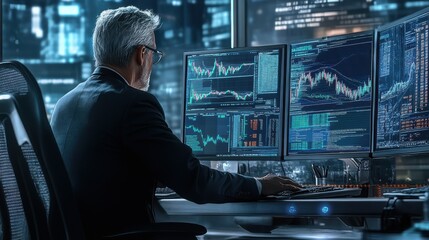 Mature crypto trader investor analyst broker using pc computer analyzing digital cryptocurrency exchange stock market trading graphs report thinking of investing funds risks doing global analysis. il