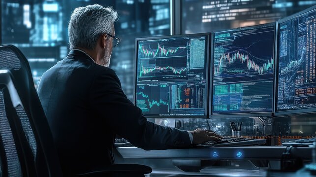 Mature crypto trader investor analyst broker using pc computer analyzing digital cryptocurrency exchange stock market trading graphs report thinking of investing funds risks doing global analysis. il