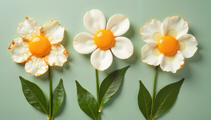 Fototapeta premium Fried egg flowers, creative, spring themed on green background