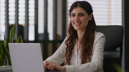 Caucasian businesswoman online work laptop pc in office workplace employer business woman girl...