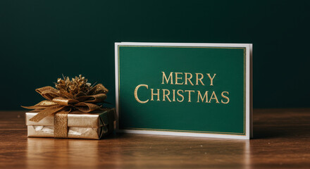 Elegant Christmas Greeting Card with Gold Gift Box on Wooden Table