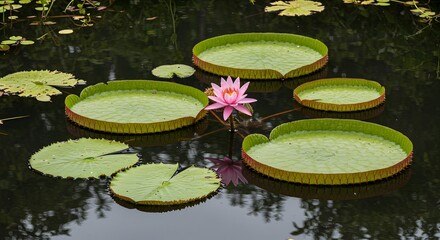 A stunning water lily and giant lily pads create a beautiful scene on a calm pond.