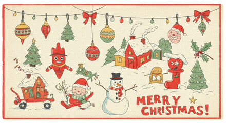Whimsical Hand Drawn Merry Christmas Scene with Snowman, Decorations and Holiday Characters