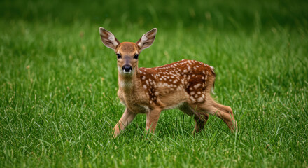 Spotted Fawn Standing Alert in Lush Green Meadow