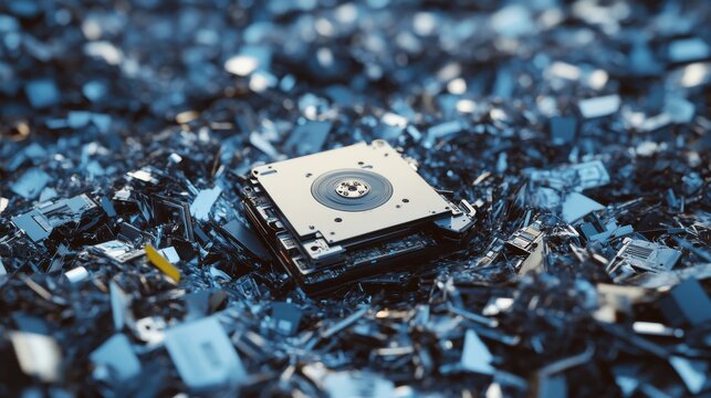 Showcasing a hard drive on top of a mountain of shredded drives.
