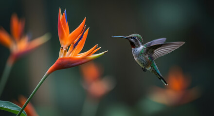 Hummingbird Hovering Beside Tropical Orange Flower in Midair Flight
