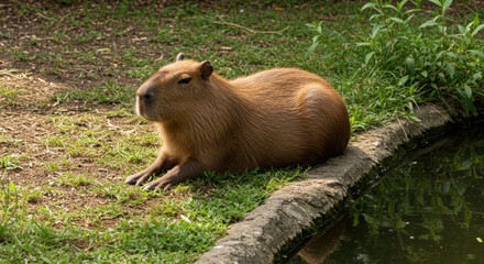 Capybara Relaxing Beside a Garden Pond in Natural Light