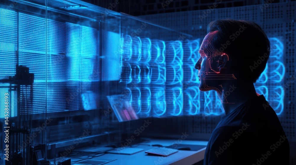 Poster ai engineer designing ai powered voice cloning and synthesis technology, soundproof lab with ai soft