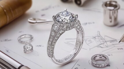 Intricate diamond engagement ring with sketches of different design drafts, showcasing the jewelry design process
