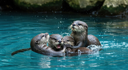 Playful Otters Splashing Together in Clear Blue Water