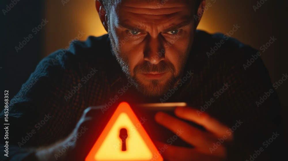 Poster system hacked warning alert. cyber security on mobile app. man using mobile phone with warning alert