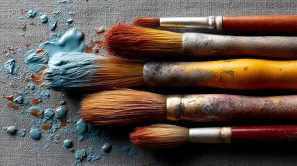 A group of paintbrushes with different colors and sizes are scattered on a table