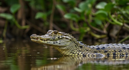 Obraz premium A detailed view of a caiman emerging from the water, showcasing its rough scales and distinctive features.
