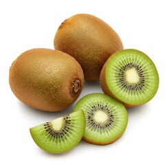 Fototapeta premium Pile of kiwi fruit, whole and sliced on white background