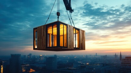 A stunning wooden cabin being lifted by a crane against a vibrant sunset sky, blending nature and modernity, showcasing human ingenuity and the beauty of architectural design.