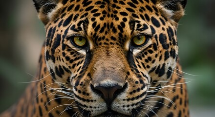 Obraz premium Captivating close-up portrait of a jaguar with striking green eyes and intricate patterns. Amazon Brazil 