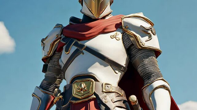 Heroic knight in stylized armor standing against the sky.