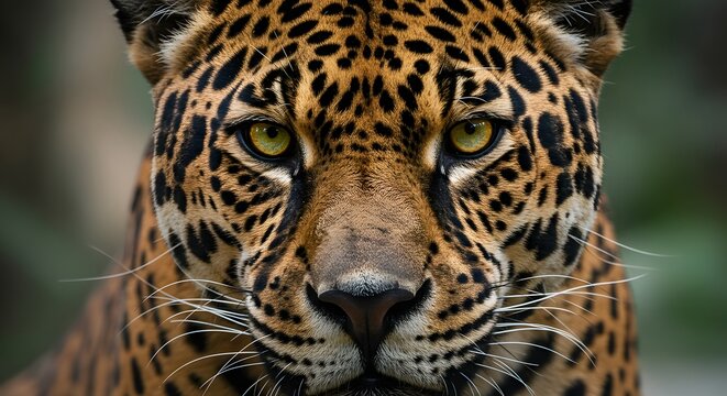Captivating close-up portrait of a jaguar with striking green eyes and intricate patterns. Amazon Brazil 