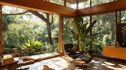 Fototapeta premium Sunlit Modern Living Room with Lush Garden View.