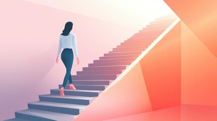 Road to success concept with businesswoman climbing the stairs in modern loft style hall illustration