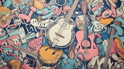 a hand-drawn doodle of a music picnic with a banjo player