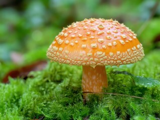 Fototapeta premium Vibrant orange amanita mushroom nestled among lush green moss in a serene forest setting showcasing nature's beauty with a macro lens and natural light