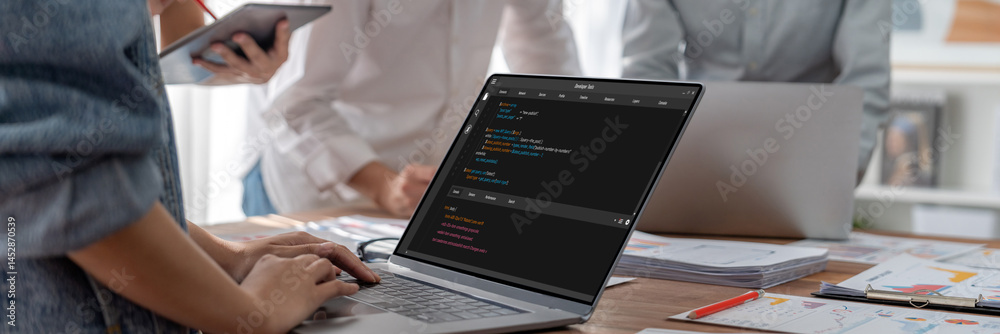 Aufkleber Software development programming on computer screen for brisk application and program coding