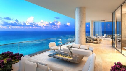 Fototapeta premium Luxury Oceanfront Balcony Sunset Miami Condo.