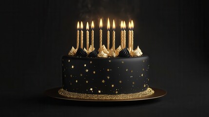 Elegant black birthday cake with gold candles and glitter.