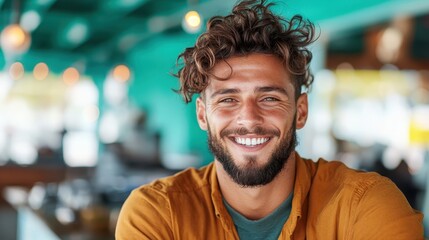 A happy young man with curly hair wearing a mustard shirt, radiating positivity and charm against a vibrant turquoise café backdrop, embodying youthful energy and style.