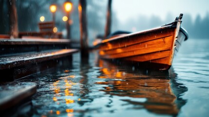A moody scene featuring a wooden boat at a dock under the rain, softly illuminated by warm lights, creating an inviting and introspective atmosphere.