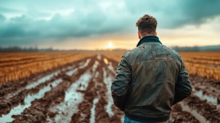A man gazes at a picturesque sunset over a wet field, reflecting on life while standing amidst the muddy furrows, evoking feelings of peace and contemplation.