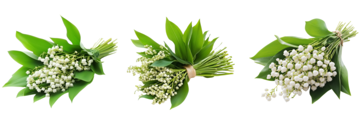 Set of Top view of a fresh bouquet of lilies of the valley lying on a rustic white wooden table on transparent png background. Ai generated