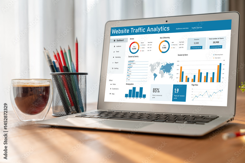 Poster computer software for website traffic analytics data on computer screen. concept of seo search engin