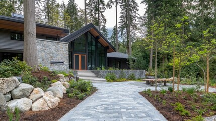 Fototapeta premium Modern Stone House with Forest Entry, and Luxury Home Exterior.