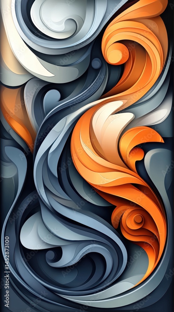 Poster abstract composition of flowing shapes in shades of orange and blue creating a dynamic and modern ba