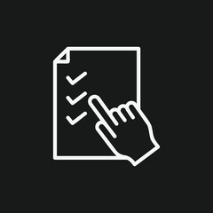  Minimalist Checklist Icon with Pointing Hand White Outline on Black Background for Task Completion