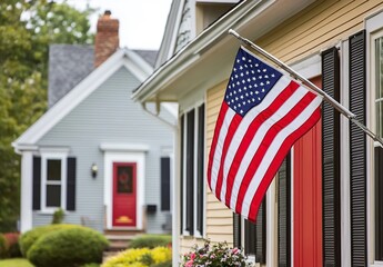 American flag on beige house with red door, black shutters, yellow-leaved tree in autumn.