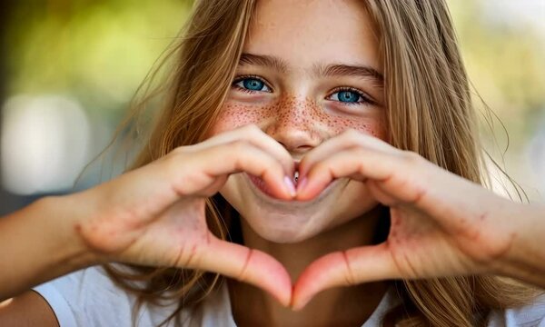 Cheerful teen girl smiling with braces and freckles making heart hands in outdoor sunlight