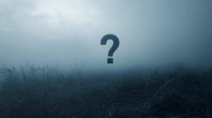 Misty Enigma: A singular question mark floats in a sea of atmospheric mist, creating a sense of mystery, contemplation, and uncertainty, inviting viewers to ponder.