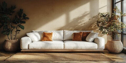Sunlight streams into a minimalist living area with a white couch.