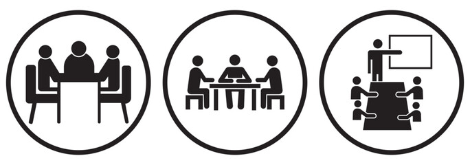 Three people sitting on meeting room icon set. Meeting room, discussion, business conference, support group outline icon. Vector editable stroke.