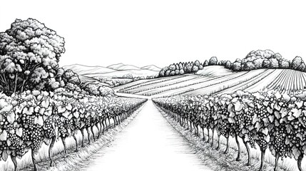 Black-and-white ink vineyard drawing with central path and hillside trees.