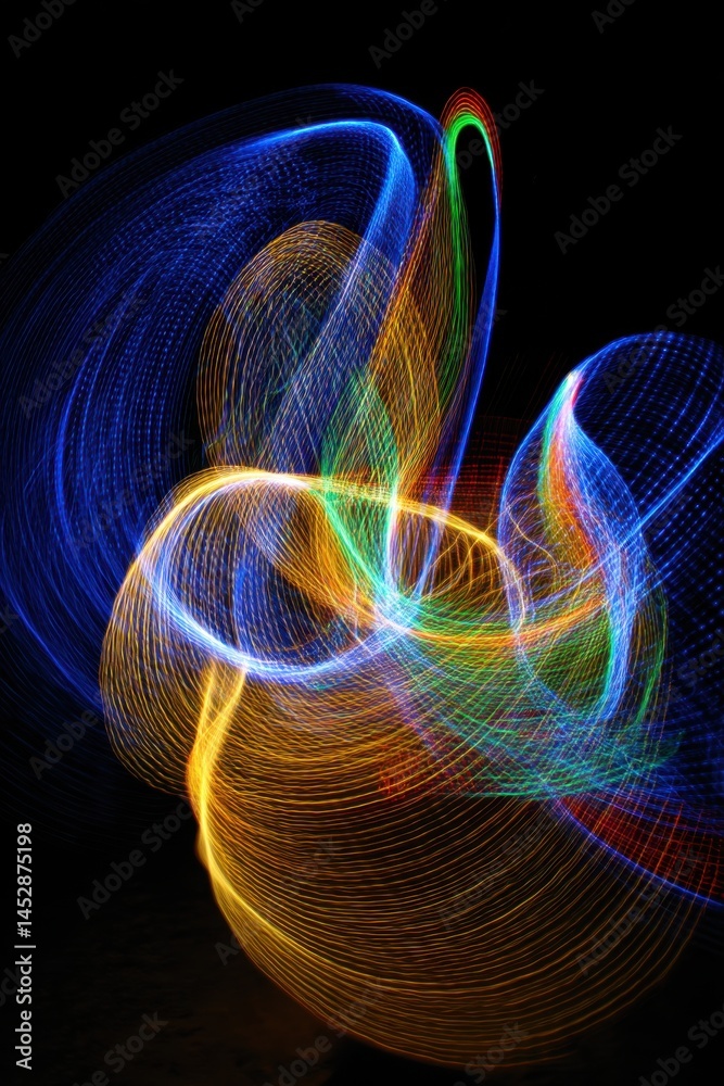 Poster abstract light painting with vibrant colors creating dynamic swirling patterns on a dark background 