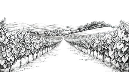 Black-and-white ink vineyard drawing with central path and hillside trees.