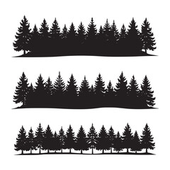 Pine trees silhouettes. Evergreen coniferous forest silhouette, nature spruce tree park view vector illustration. Coniferous woods silhouette