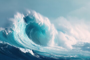 Obraz premium Majestic ocean wave crashing with turquoise water and white foam creating a dynamic seascape under a soft sky capturing the power and beauty of nature in a serene ambiance
